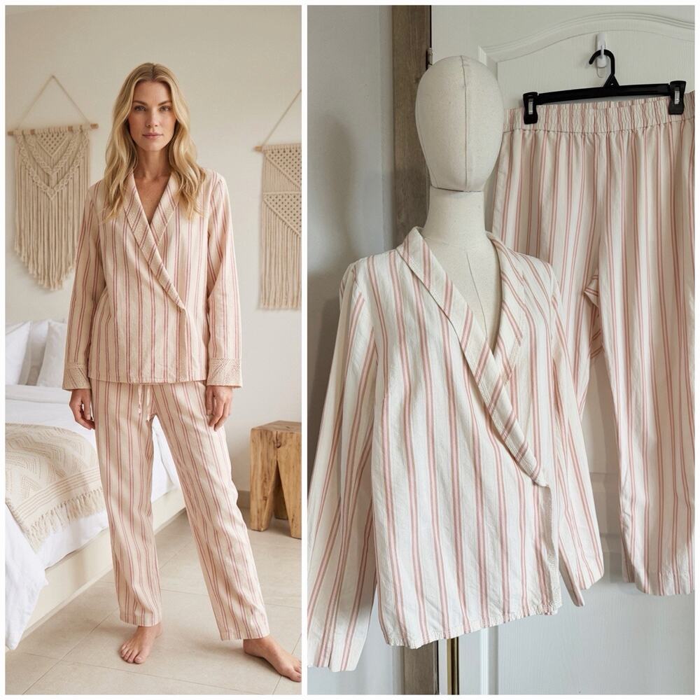 J. Crew Stripe Cotton Pant & Wrap Top Set Pink Cream PJ Lounge Casual Size XL/16